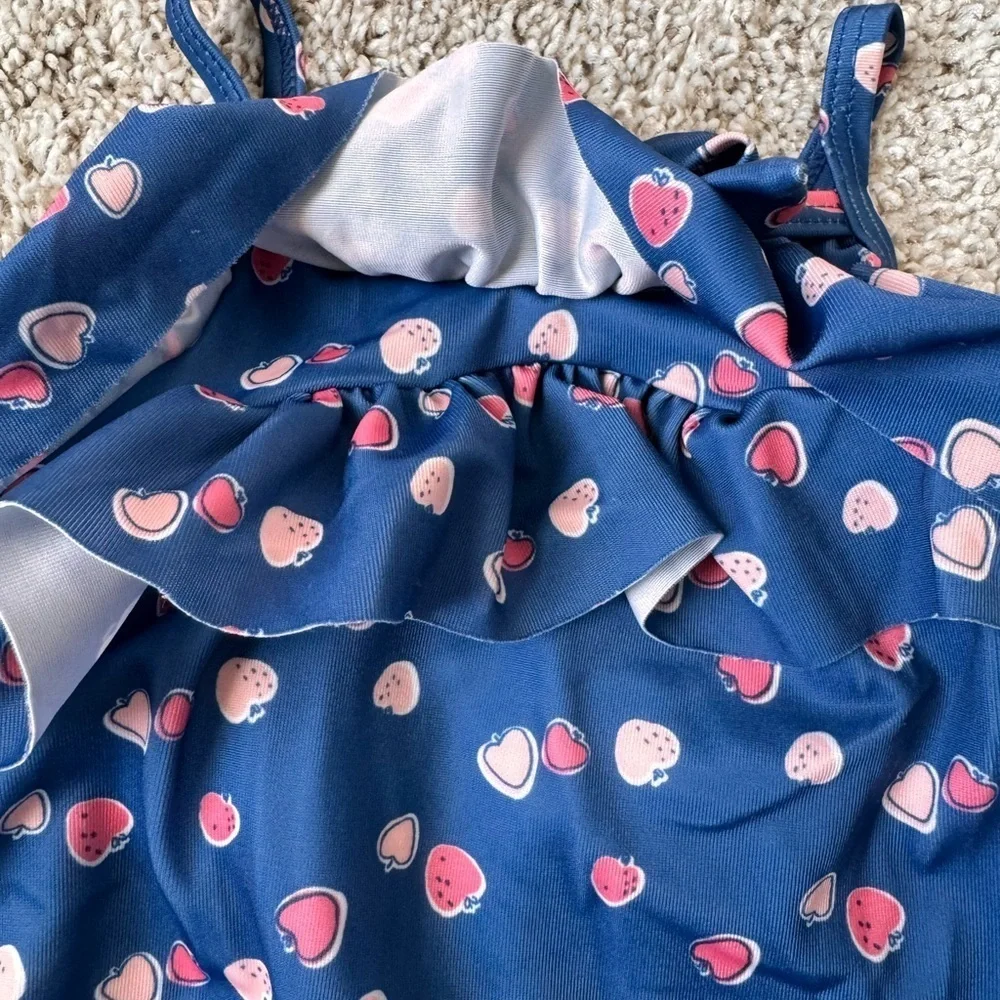 Baby Girls’ Bathing suit Navy Blue Heart Print Ruffle One-Piece Swimsuit 3-6 mo